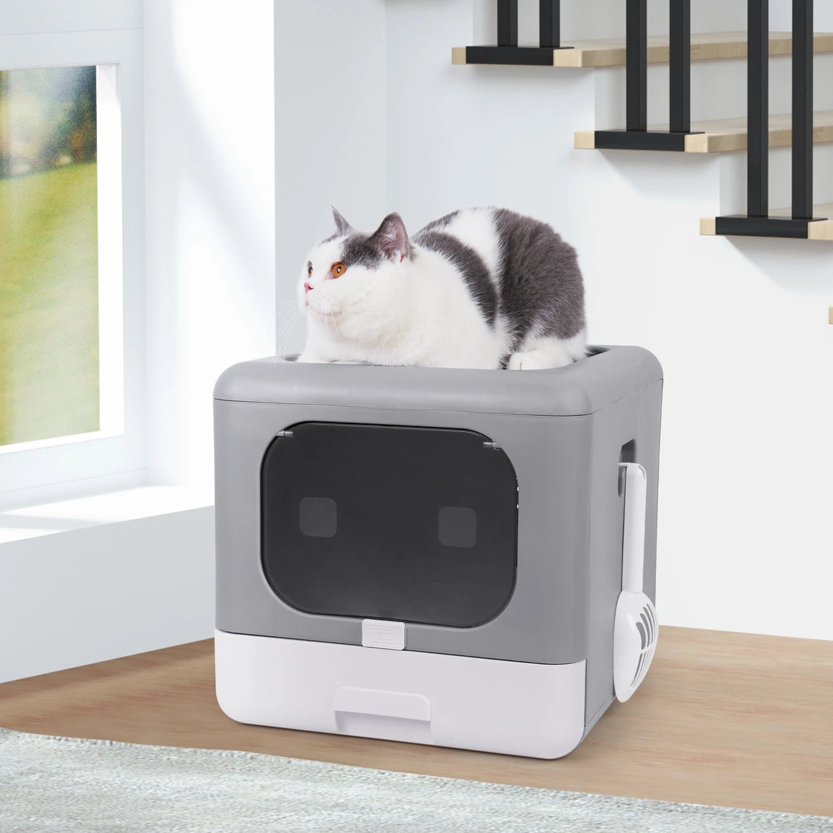 Cat Litter Box Foldable Top Entry Litter Box with Cat Litter Scoop Drawer for Medium and Large Cats