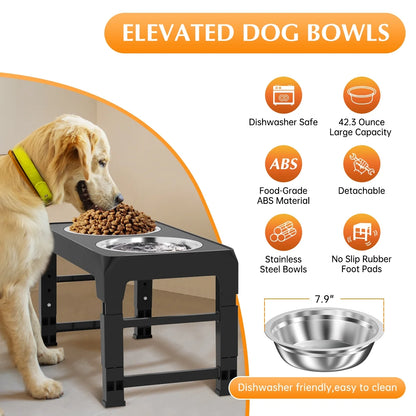 Elevated Dog Bowls, Raised Slow Feeder Dog Bowls with No Spill Dog Water Bowl Dispenser, 5 Heights Adjustable Raised Dog Bowls Stand for Small Medium Large Dogs Cats & Pets, Non-Slip Dog Feeder